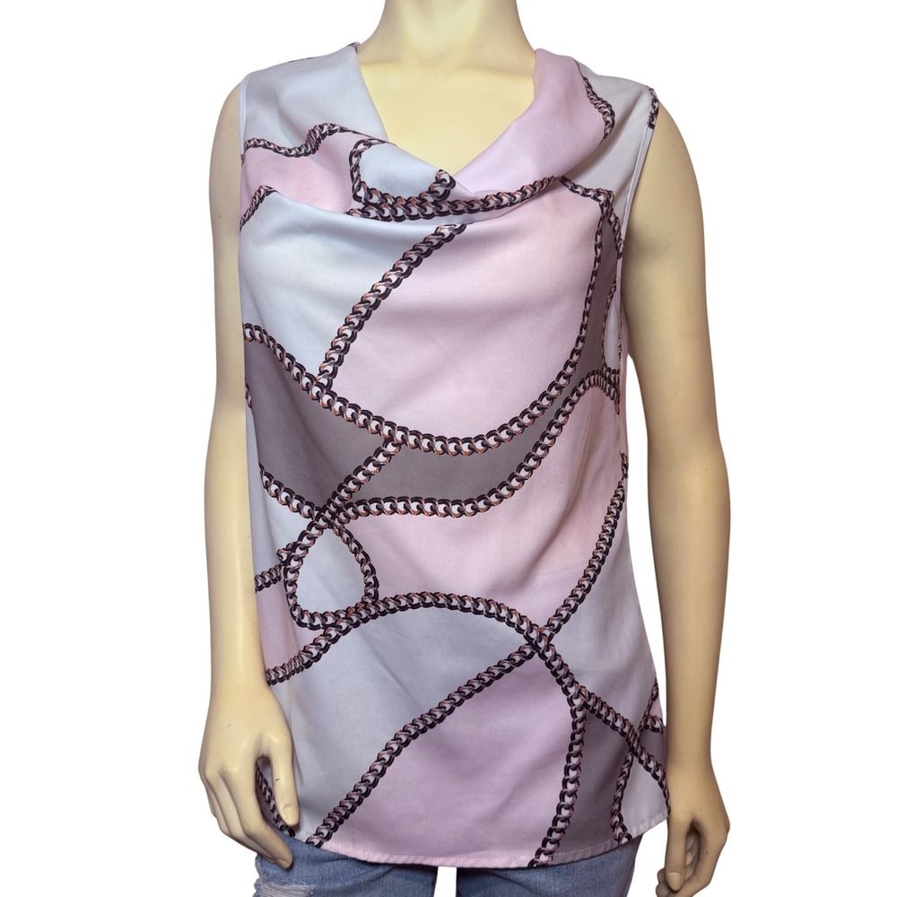 Womens Pink Grey Chain Link Print Cowl Neck Sleeveless Blouse Top